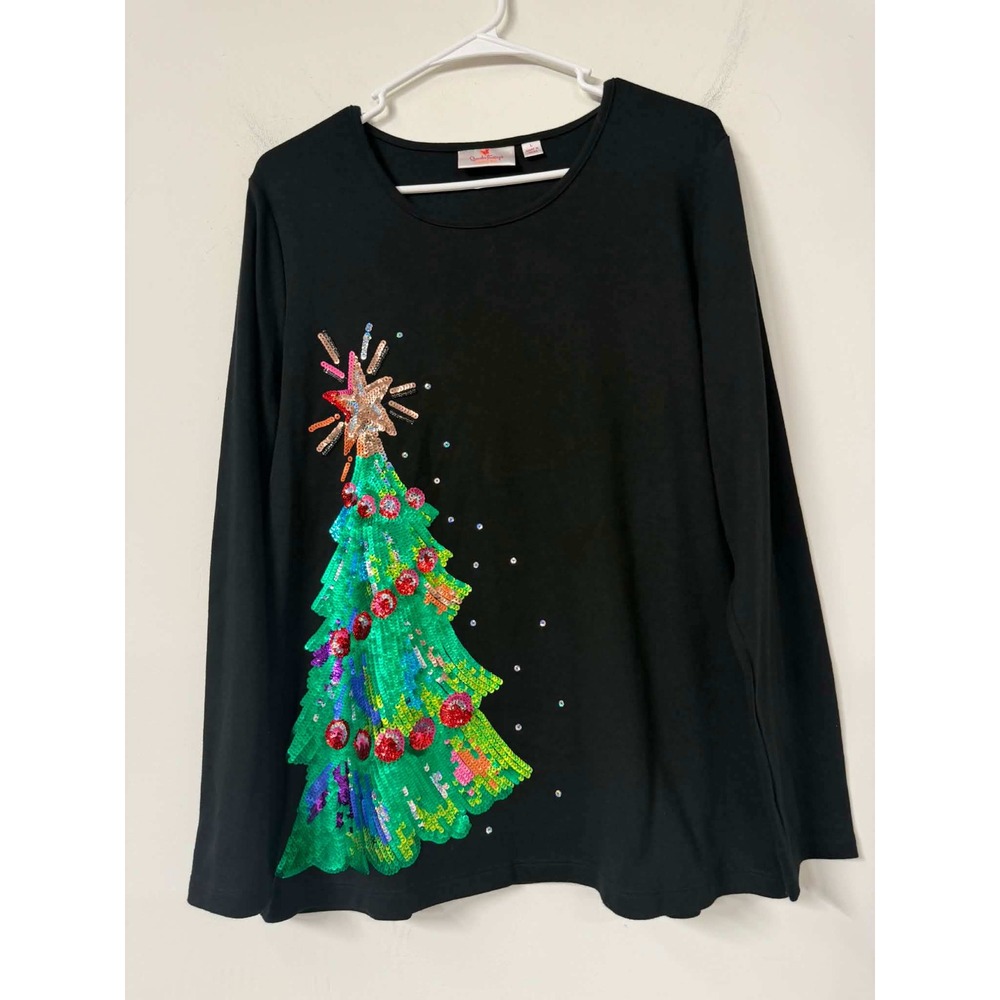 Quacker Factory Womens L Black Christmas Tree Sequin Holiday Long Sleeve Shirt